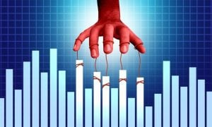 Bar Graph Manipulated by Red Strings Attached to Red Hand Hovering Above on Blue Grid Background