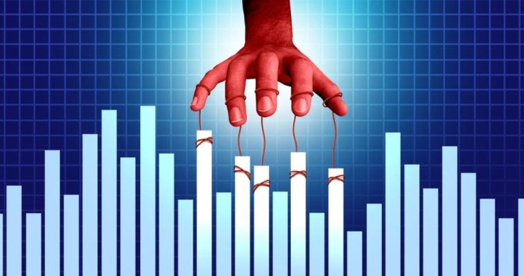 Bar Graph Manipulated by Red Strings Attached to Red Hand Hovering Above on Blue Grid Background