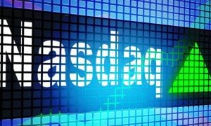 Blue, White, Black Illustration of LED Board with Nasdaq Text and Green Arrow Pointing Up