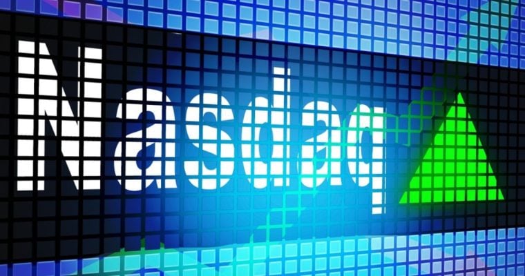 Blue, White, Black Illustration of LED Board with Nasdaq Text and Green Arrow Pointing Up