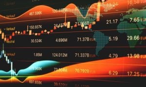 Orange and Blue Wave Graph Overlays Stock Market Prices and World Map