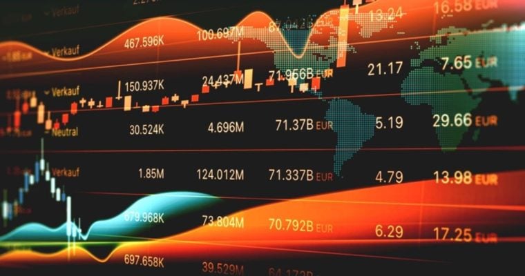 Orange and Blue Wave Graph Overlays Stock Market Prices and World Map