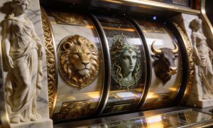 Realistic Slot Reel Displays 3D Relief Symbols of Medussa, Lion and Bull Heads