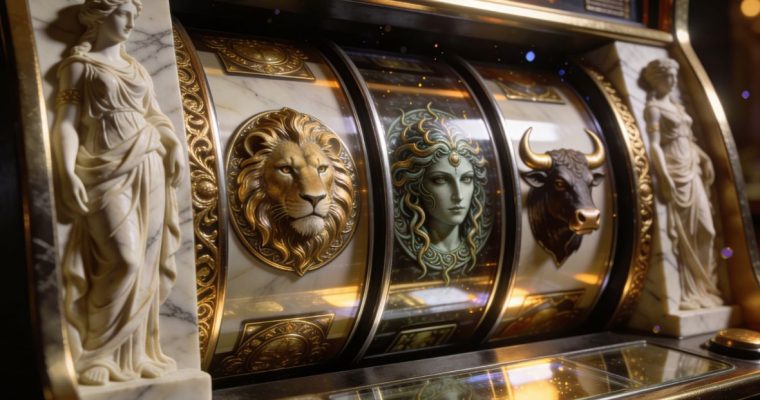 Realistic Slot Reel Displays 3D Relief Symbols of Medussa, Lion and Bull Heads