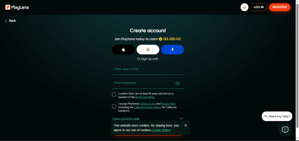 Playtana sign up screen