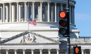 Front of the US State Capitol Building and Street Light at Red