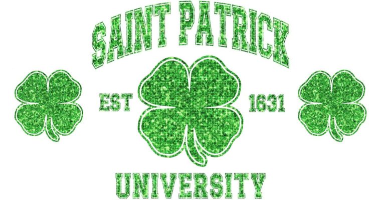 Green and White Collegiate Style Font Spells Saint Patrick University EST 1631