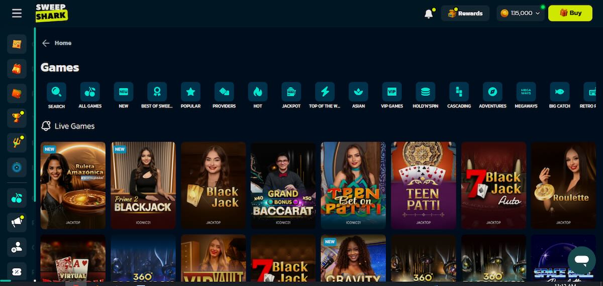 SweepShark live dealer casino games