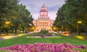 Pink Flowers and Green Grass Lawn In Front Of Kentucky State Capitol Building