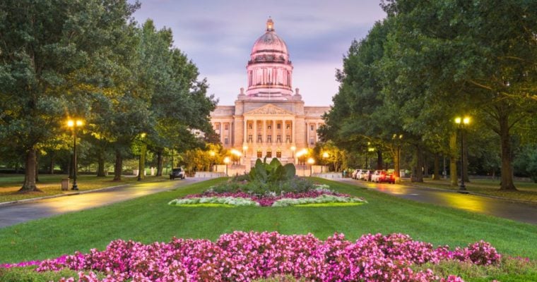 Pink Flowers and Green Grass Lawn In Front Of Kentucky State Capitol Building