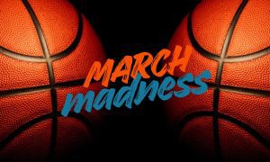 Orange March and Blue Madness Text Over Image of Opposite Facing Basketballs