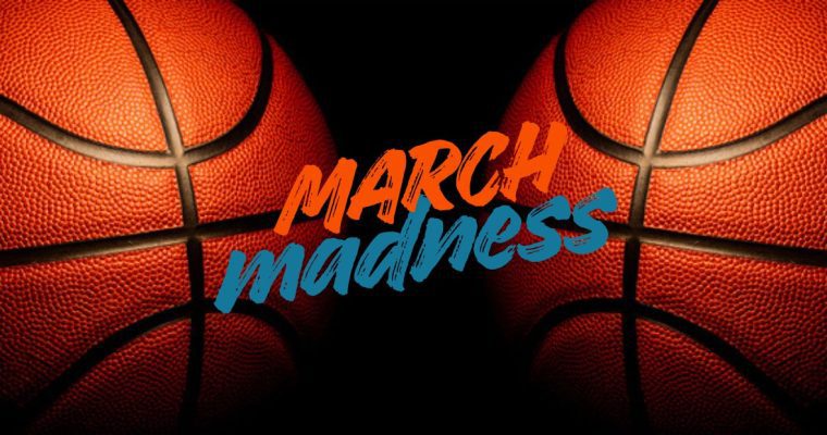 Orange March and Blue Madness Text Over Image of Opposite Facing Basketballs