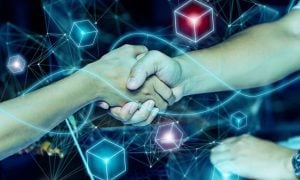 Cubes Connected To Wavy Lines Digital Image Overlay on People Shaking Hands