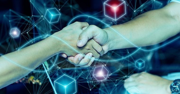 Cubes Connected To Wavy Lines Digital Image Overlay on People Shaking Hands