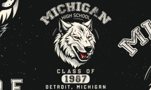 Black and White Varsity Screen Illustration Reads Michigan High School, Class of 1987 Detroit, Michigan