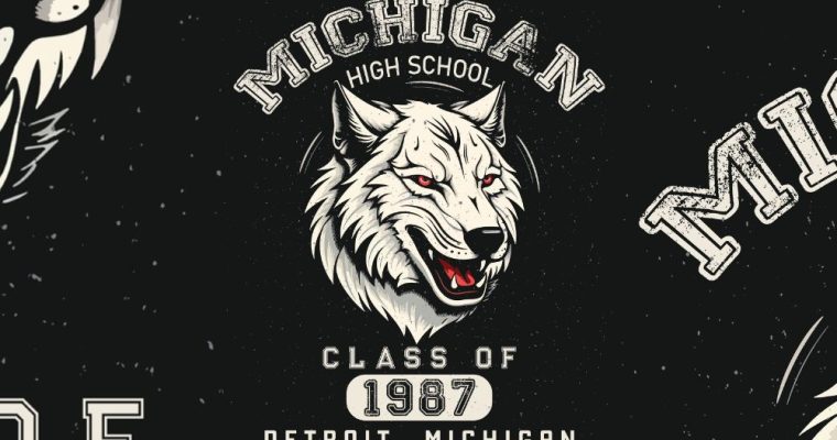 Black and White Varsity Screen Illustration Reads Michigan High School, Class of 1987 Detroit, Michigan