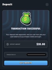 screen shown when I made a $20 deposit at GiddyUp Casino
