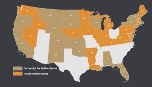 Map showing current states where Horseplay Casino is available, as well as potential future states.