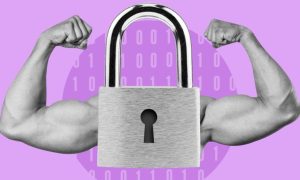 Strong Arms Flex on the Side of a Silver Padlock on Lavender Colored Background
