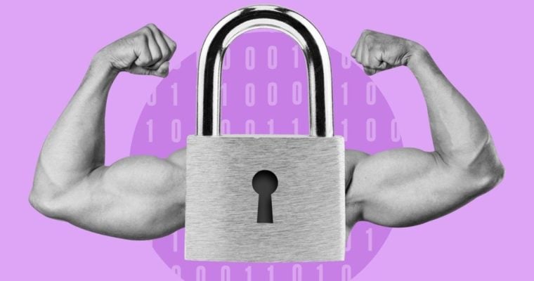 Strong Arms Flex on the Side of a Silver Padlock on Lavender Colored Background