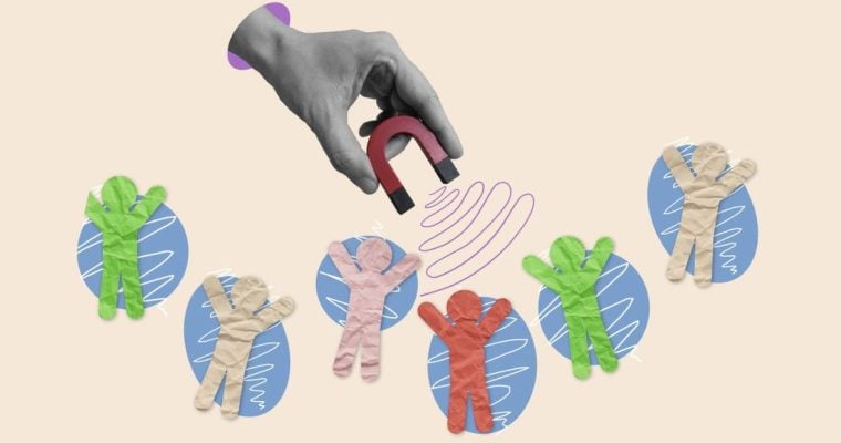 Human Paper Figures And Hand Holding Magnet Attracting Them