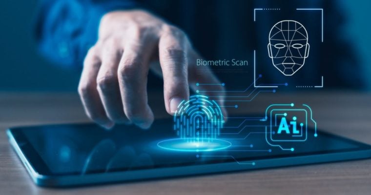 Man Touches Tablet With Digital Image Overlay of Fingerprint, Facial Scan and AI Icon