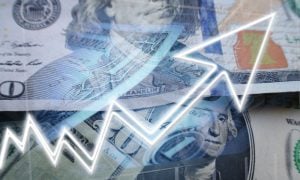 Close Up of Overlapping US Banknotes with Neon White Financial Market Arrow Overlay