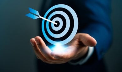 Digital Image of A Blue Target Hovering Above Man's Open Palm