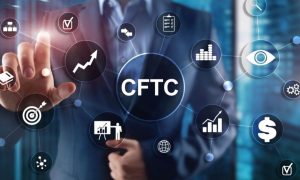 Man in Suit Touches Digital Screen with CFTC and Other Icons