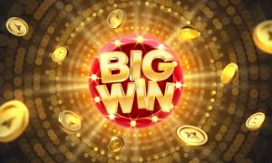 Gold Font Spells Big Win on Red Circle with Marquee Lights and Gold Coins Flying