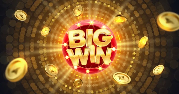 Gold Font Spells Big Win on Red Circle with Marquee Lights and Gold Coins Flying