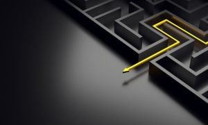 Illustration of Dark Gray Maze with Yellow Arrow Exiting