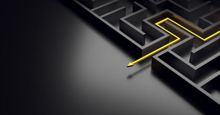 Illustration of Dark Gray Maze with Yellow Arrow Exiting