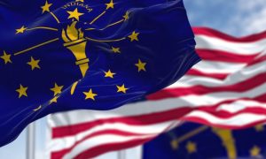State Flag of Indiana Waving Alongside the US National Flag