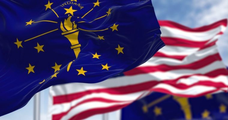 State Flag of Indiana Waving Alongside the US National Flag