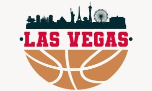 Vector Illustration of Las Vegas Skyline Sitting Over Half Basketball and Words Las Vegas in the Middle