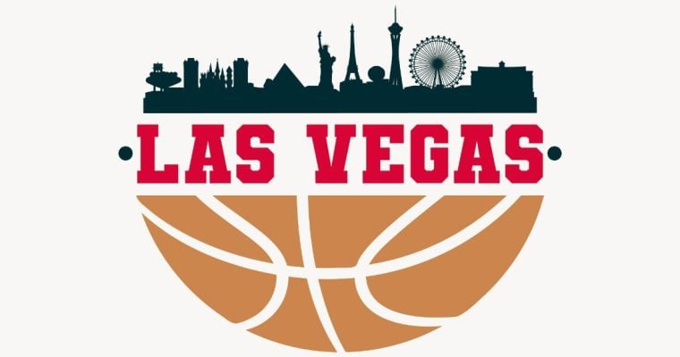 Vector Illustration of Las Vegas Skyline Sitting Over Half Basketball and Words Las Vegas in the Middle