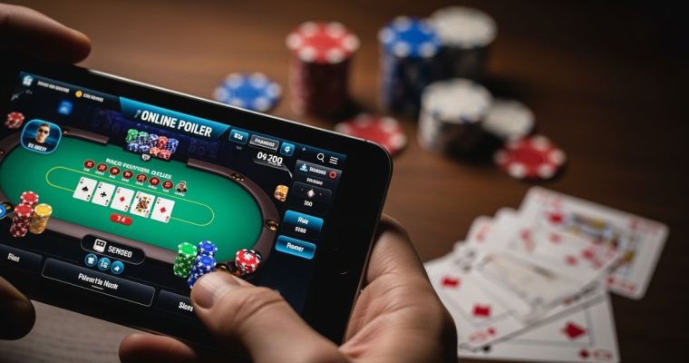 Online Poker Game Displayed on Mobile Device with Poker Chips and Playing Cards on Table