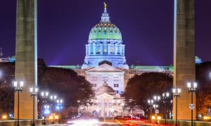 Night Time View of the Front of the Pennsylvania Capitol Building with Blurred Car Traffic Lights
