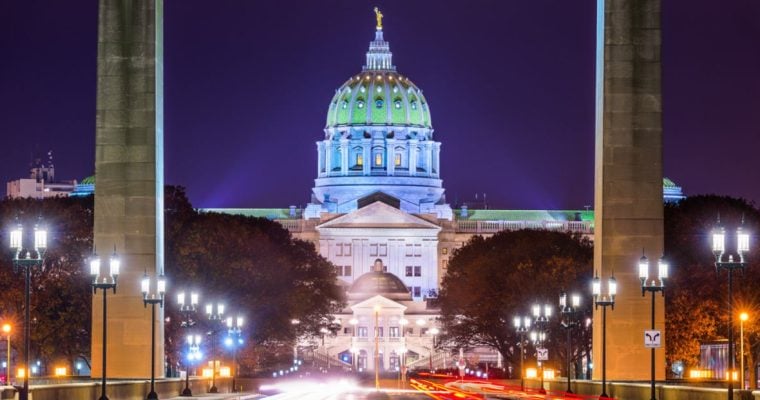 Night Time View of the Front of the Pennsylvania Capitol Building with Blurred Car Traffic Lights