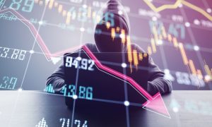Digital Financial Graphs and Numbers Overlay Image of Man in Hoodie with No Face
