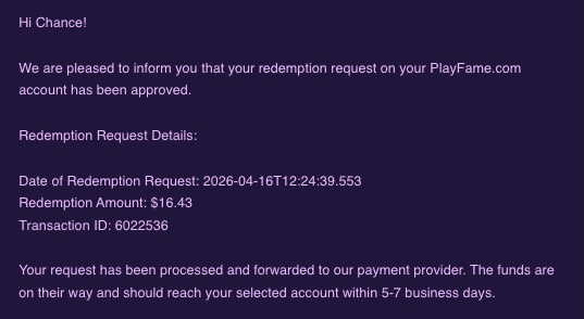PlayFame Casino prize redemption