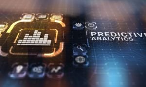 Digital Grid with Bar Graph Surrounded by Icons and Predictive Analytics Text