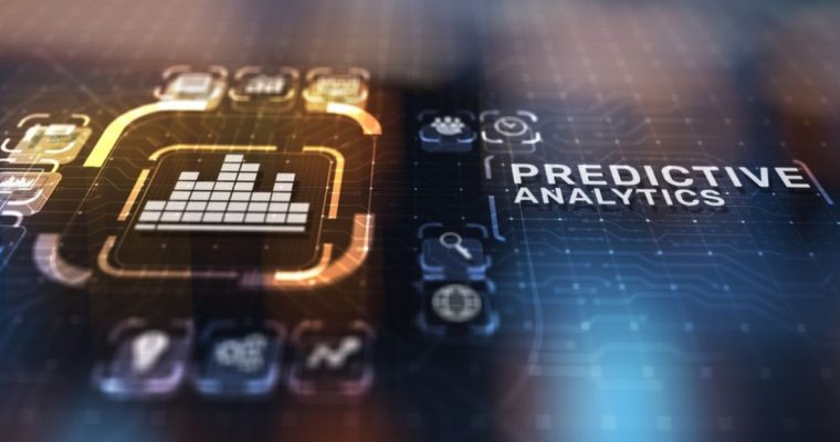 Digital Grid with Bar Graph Surrounded by Icons and Predictive Analytics Text