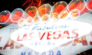 Welcome To Las Vegas Sign Captured as a Double Exposed Image on Night Sky