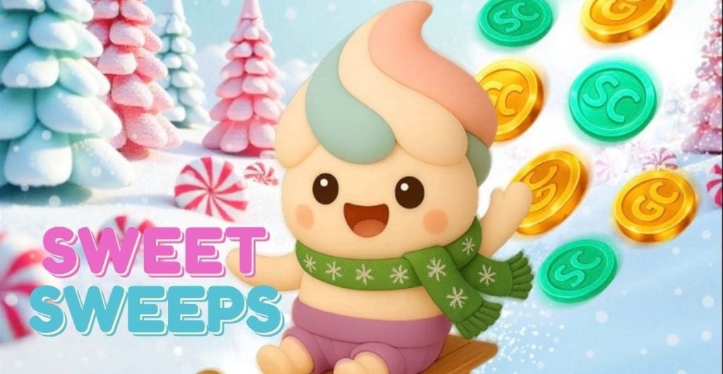 Ice Cream Mascot of Sweet Sweeps Casino With Logo and Coins Flying in Background