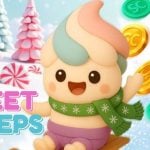 Ice Cream Mascot of Sweet Sweeps Casino With Logo and Coins Flying in Background