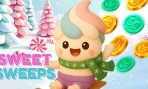 Ice Cream Mascot of Sweet Sweeps Casino With Logo and Coins Flying in Background