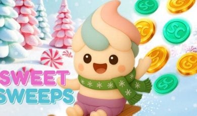 Ice Cream Mascot of Sweet Sweeps Casino With Logo and Coins Flying in Background