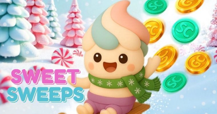 Ice Cream Mascot of Sweet Sweeps Casino With Logo and Coins Flying in Background